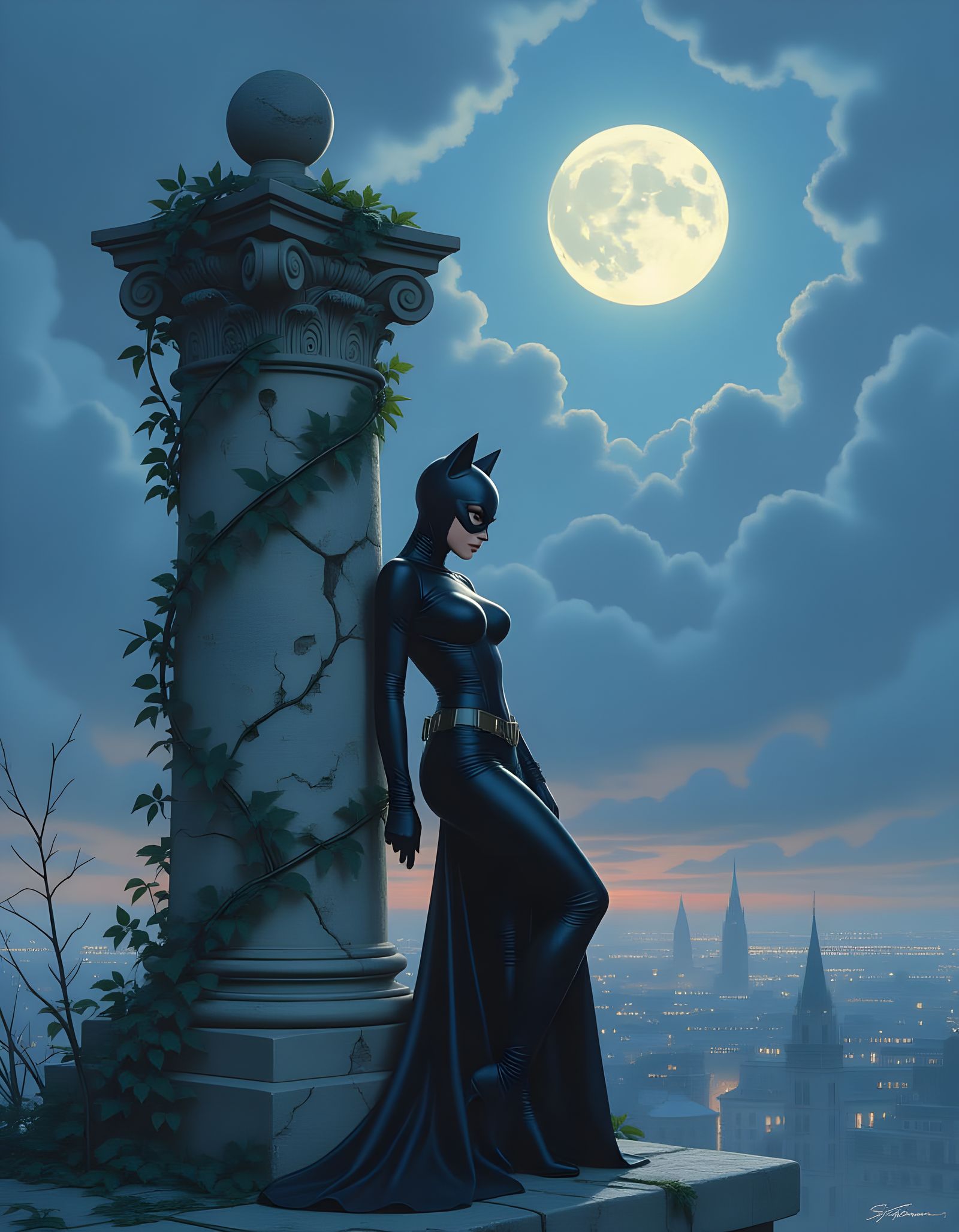 Hyperrealistic Catwoman Crouching Under Moonlight
