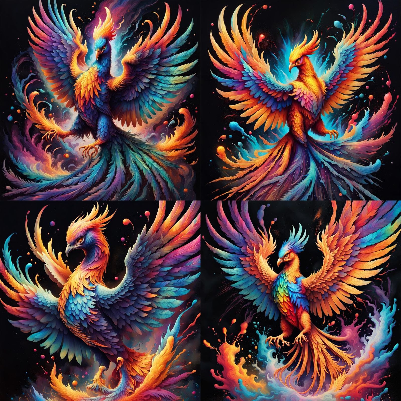a holographic phoenix rising from cosmic ashes, its feathers...