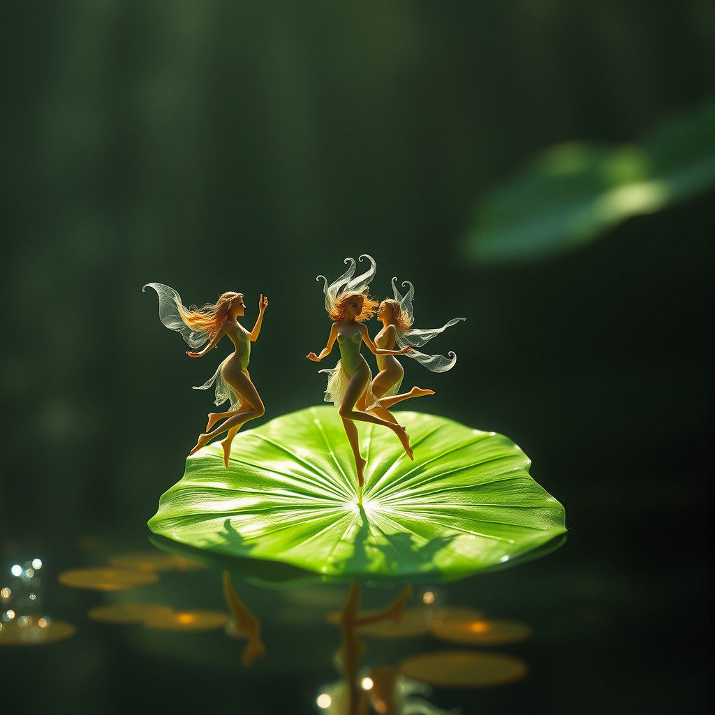 Ethereal Water Nymphs Dance on Emerald Leaf