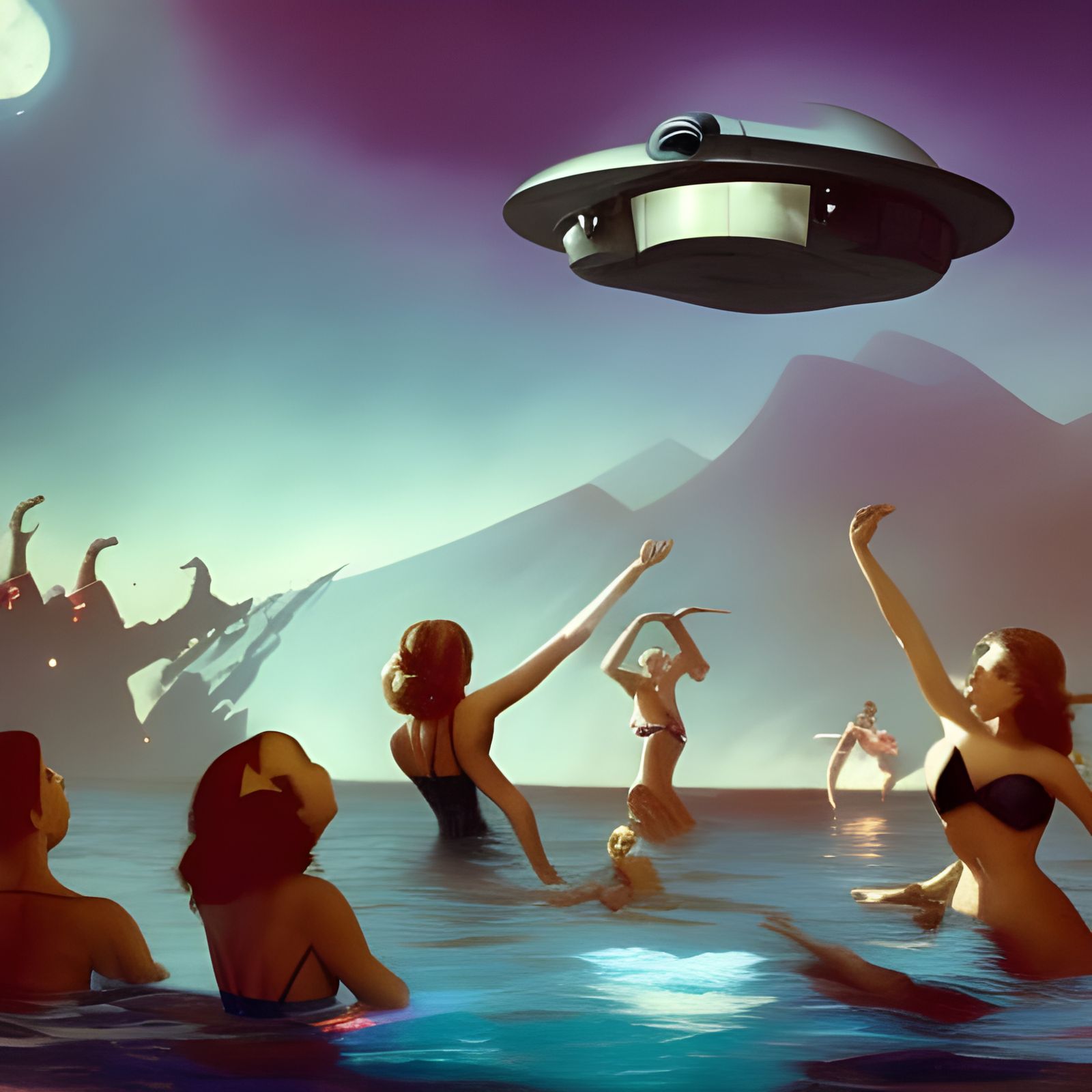 Ominous Spacecraft Over Pool Party in Fantasy Style