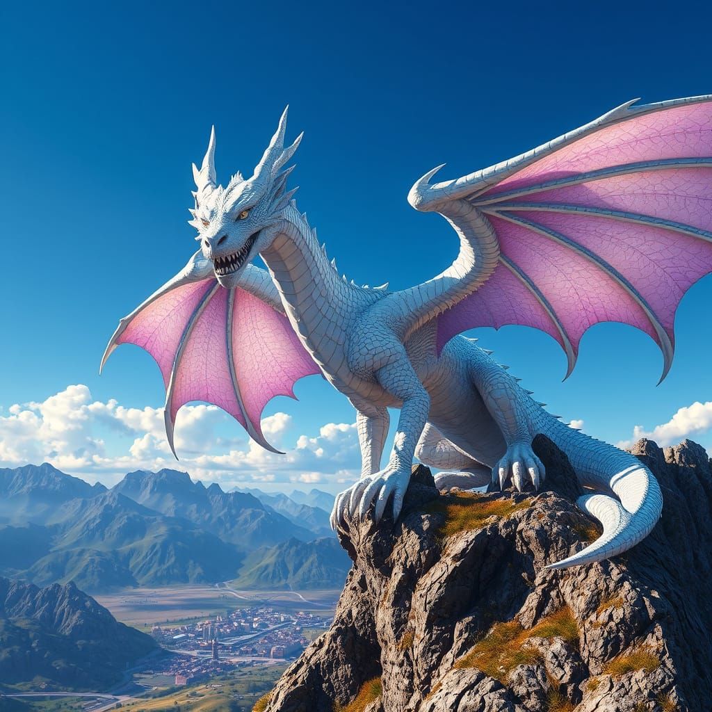 Iridescent Dragon Overlooking Valley in Dark Fantasy Style
