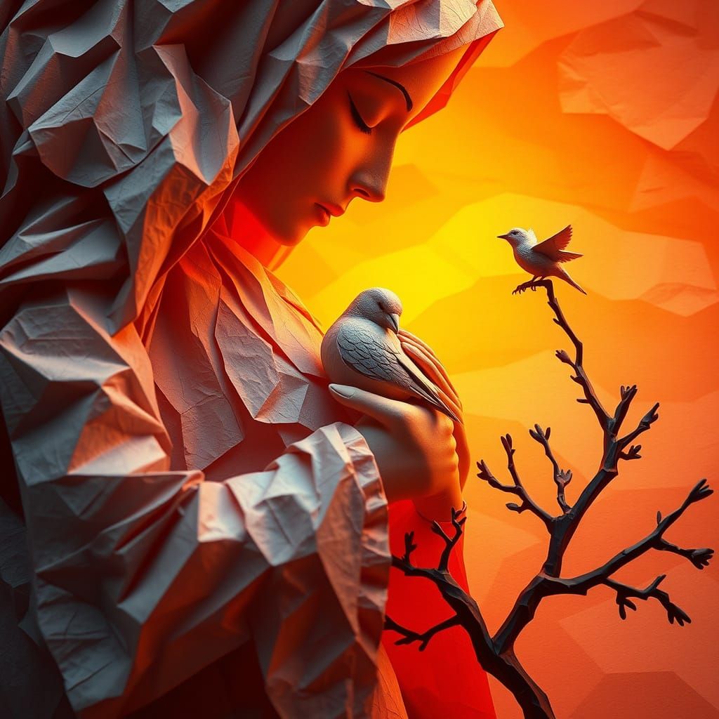 Paper Woman and Bird in Surreal Paper World