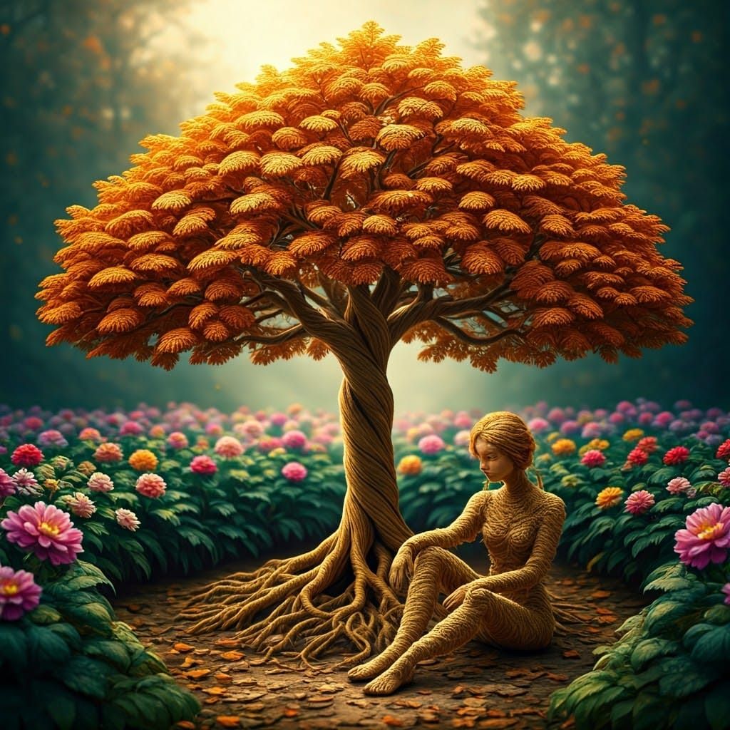 Thread Garden Scene in Watercolor Style