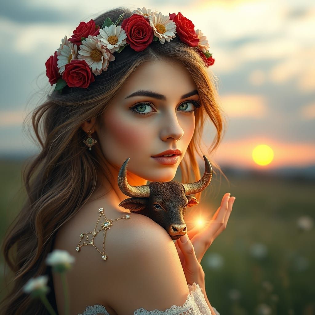 Ethereal Taurus Goddess in Enchanted Meadow
