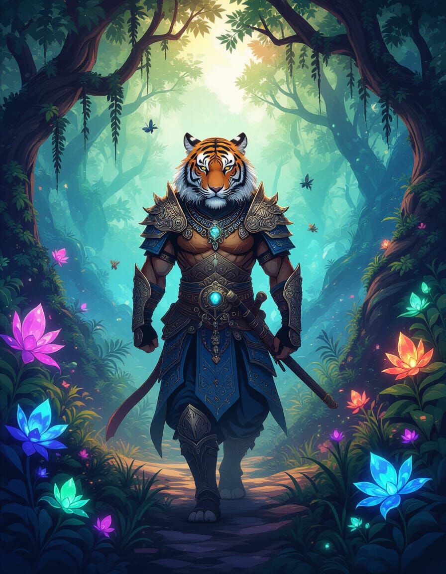 Tiger Warrior in Enchanted Forest Watercolor Painting