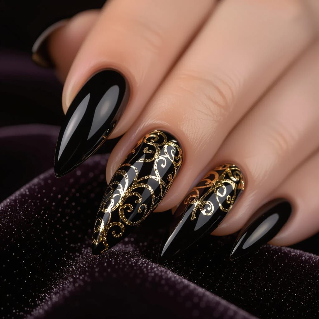 Luxury Black Stiletto Nails with Gold Filigree Art