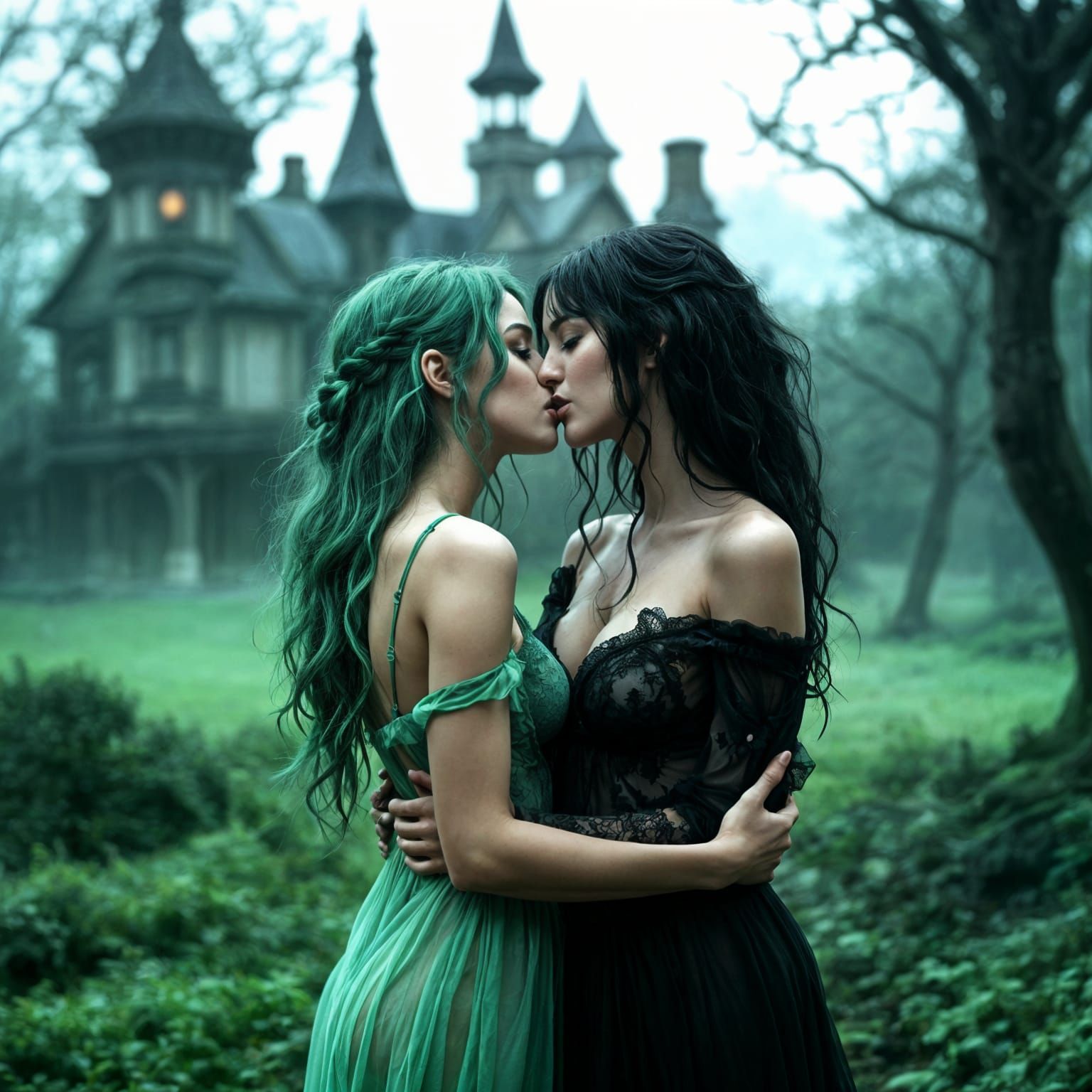 Sensual Female Embrace in Haunted Manor Setting