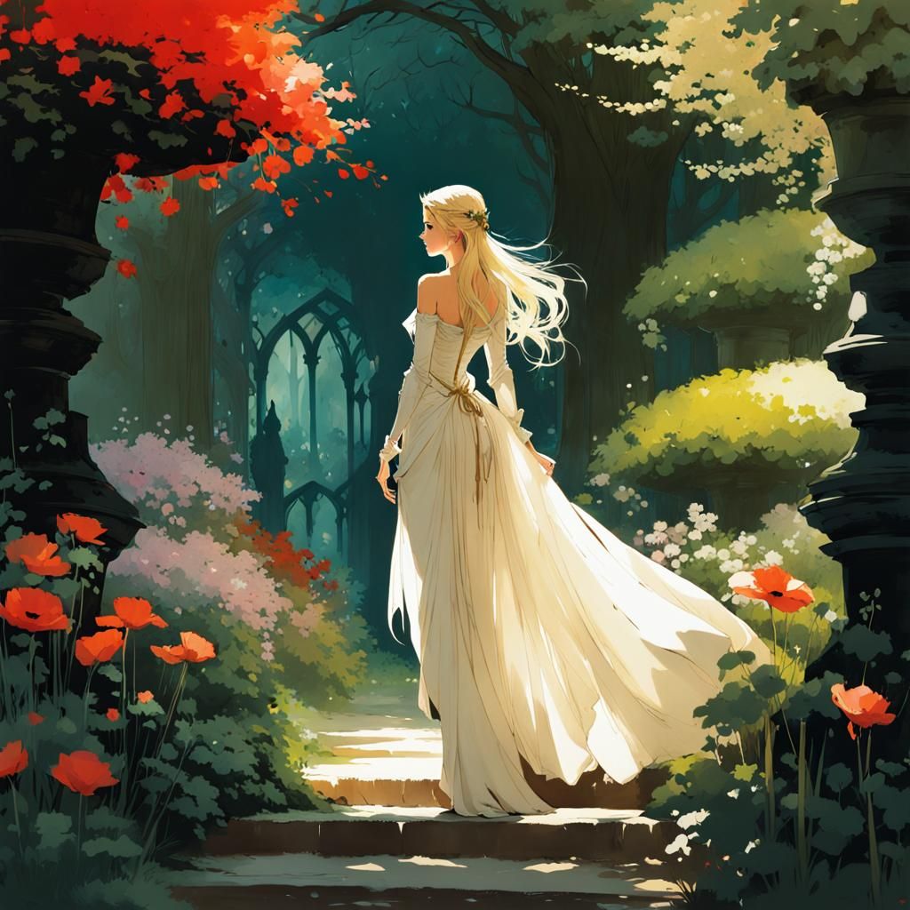 Fantasy Elf Queen in Garden Ink Painting