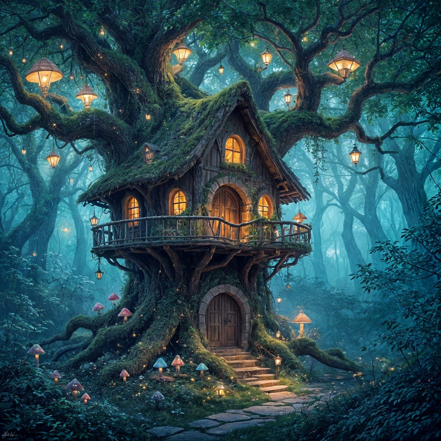 Whimsical Treehouse in Glowing Forest with Sprites