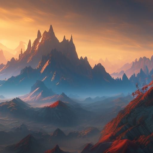 Dramatic Sunrise Mountain Range Digital Painting