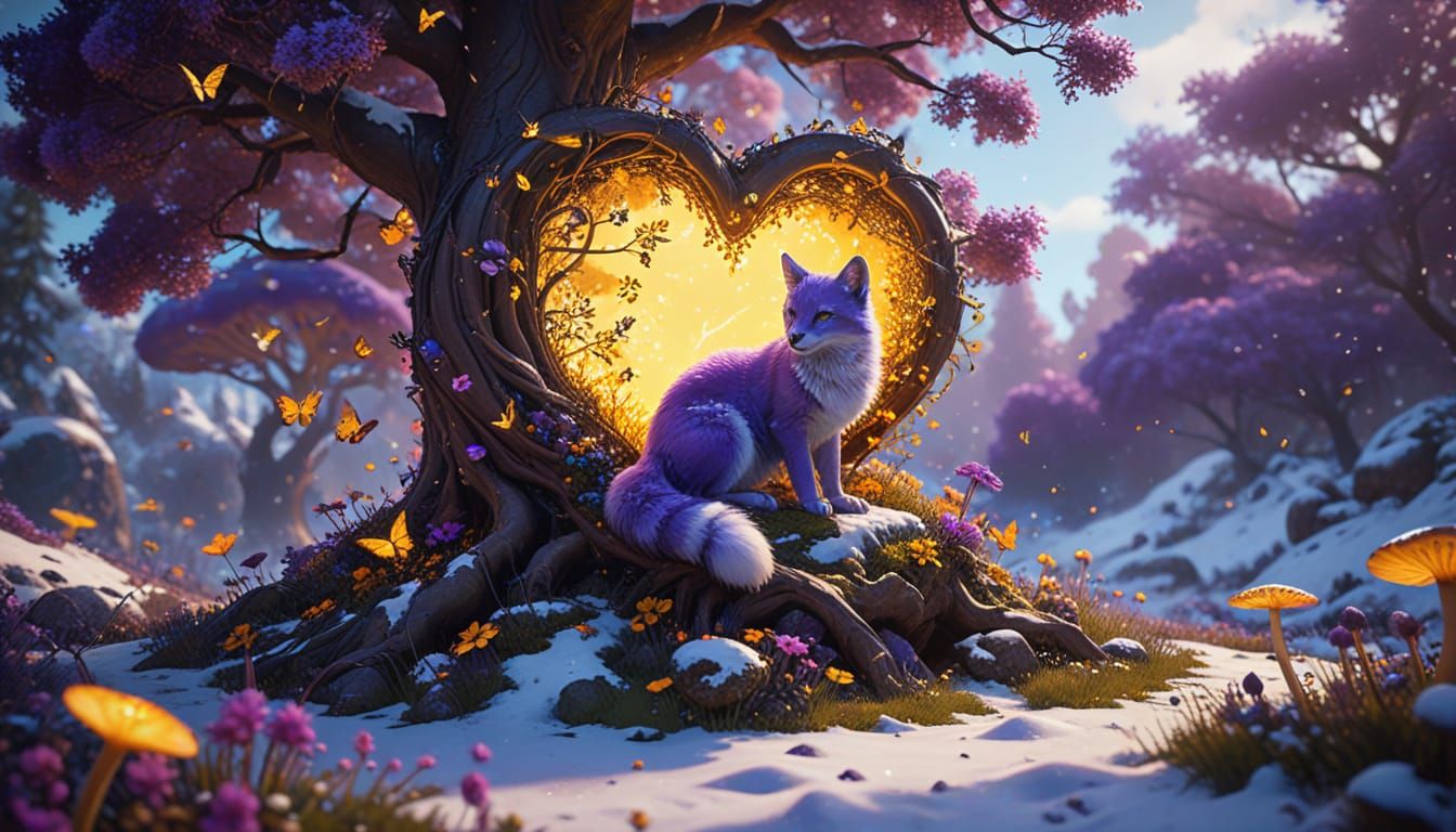 Surreal Dreamscapes: Whimsical Fox and Tree in Vibrant Bloom