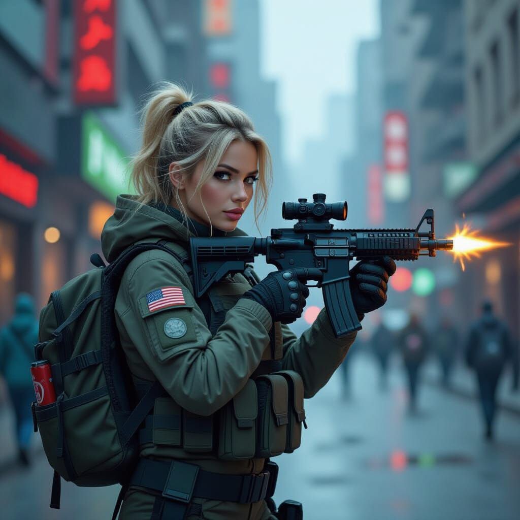 Tactical Woman with Raccoon in Cyberpunk City