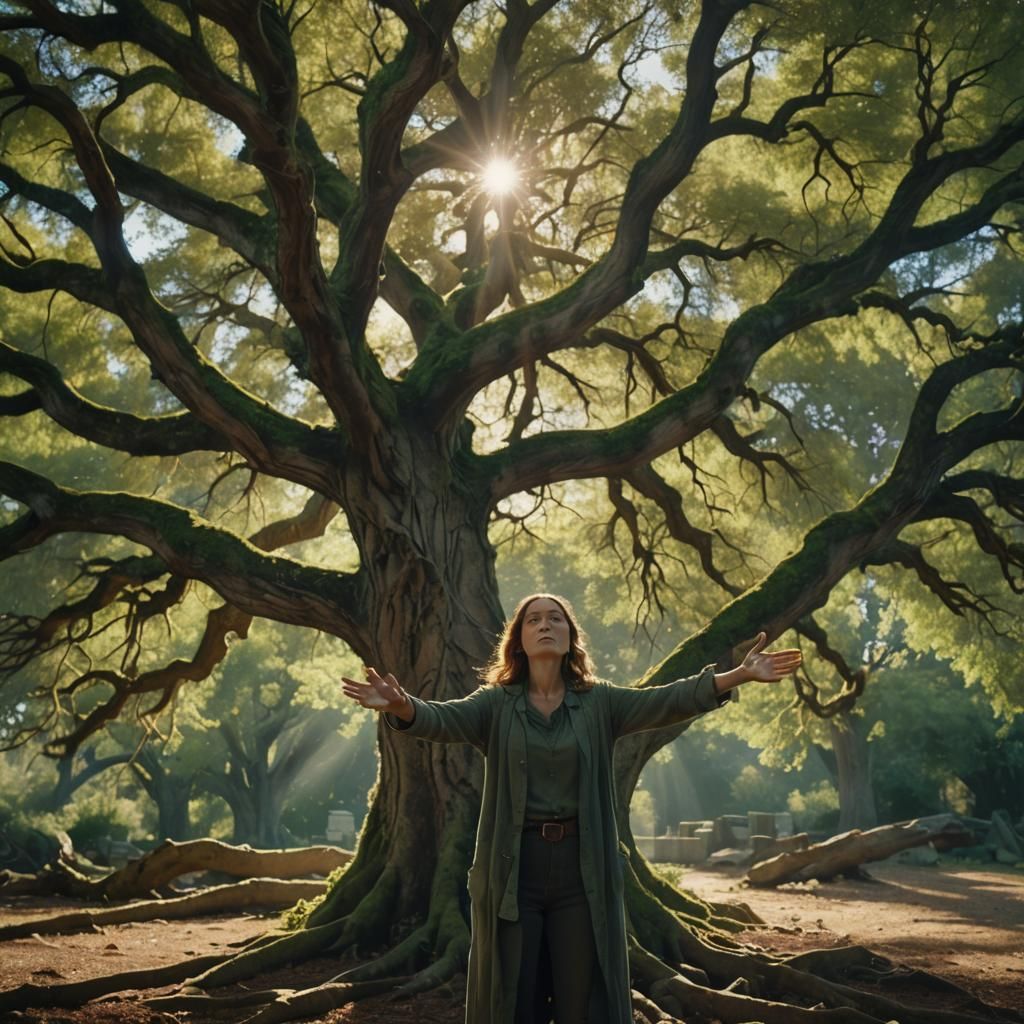 Woman Embraces Tree in Cinematic Film Still