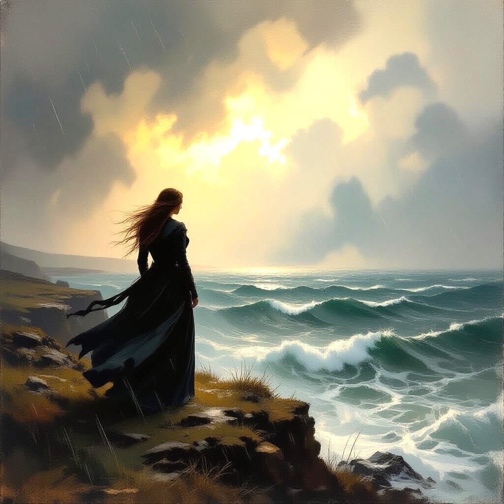 Viking Woman on Windswept Cliff in Romantic Style