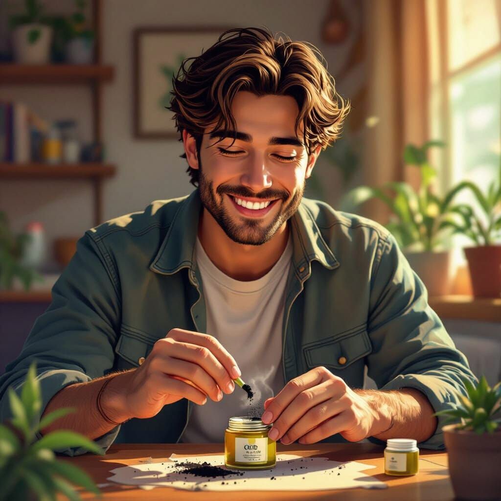 Joyful Young Man Prepares CBD Roll with Black Powder