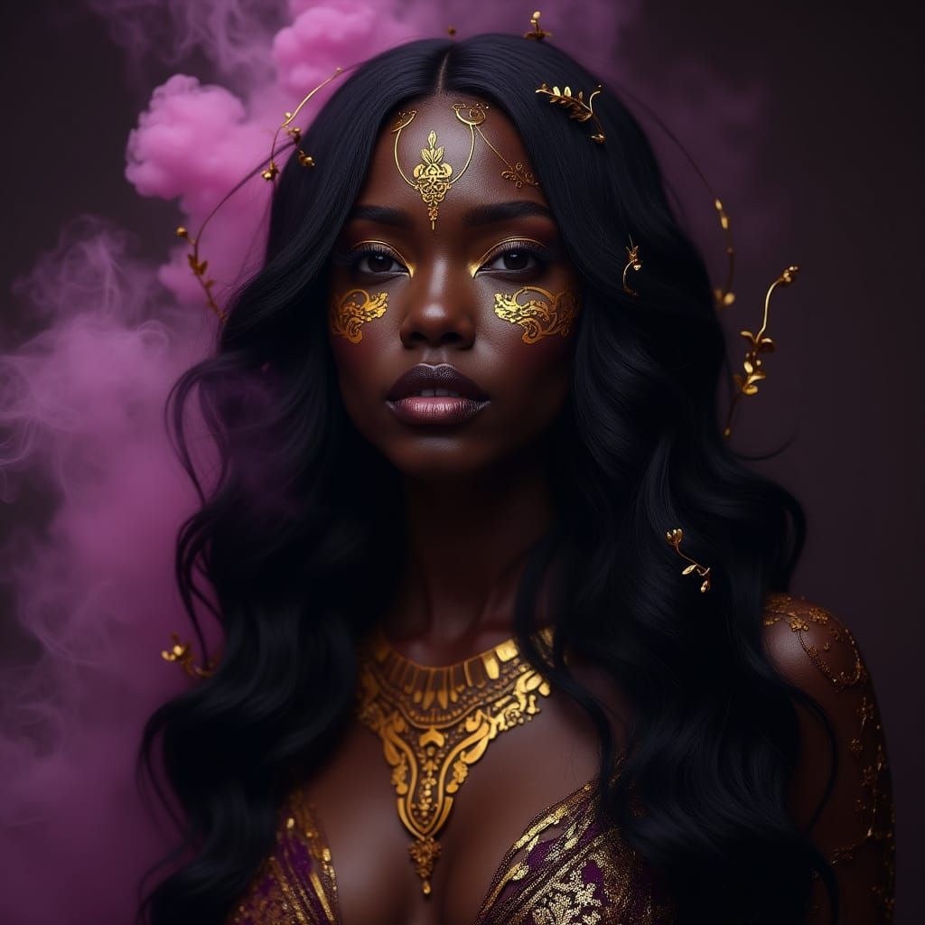 Goddess with Golden Ornaments in Art Nouveau Style