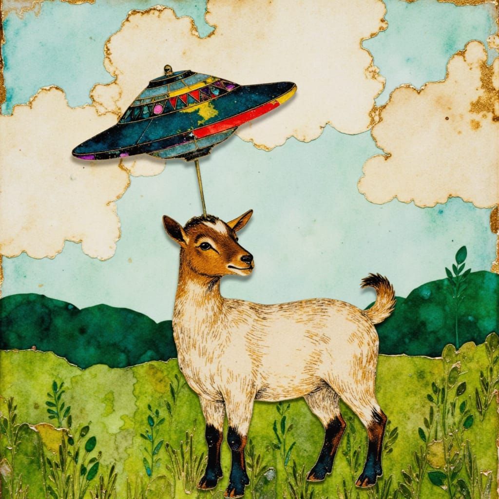 Whimsical Goat and UFO Collage in Vintage Style