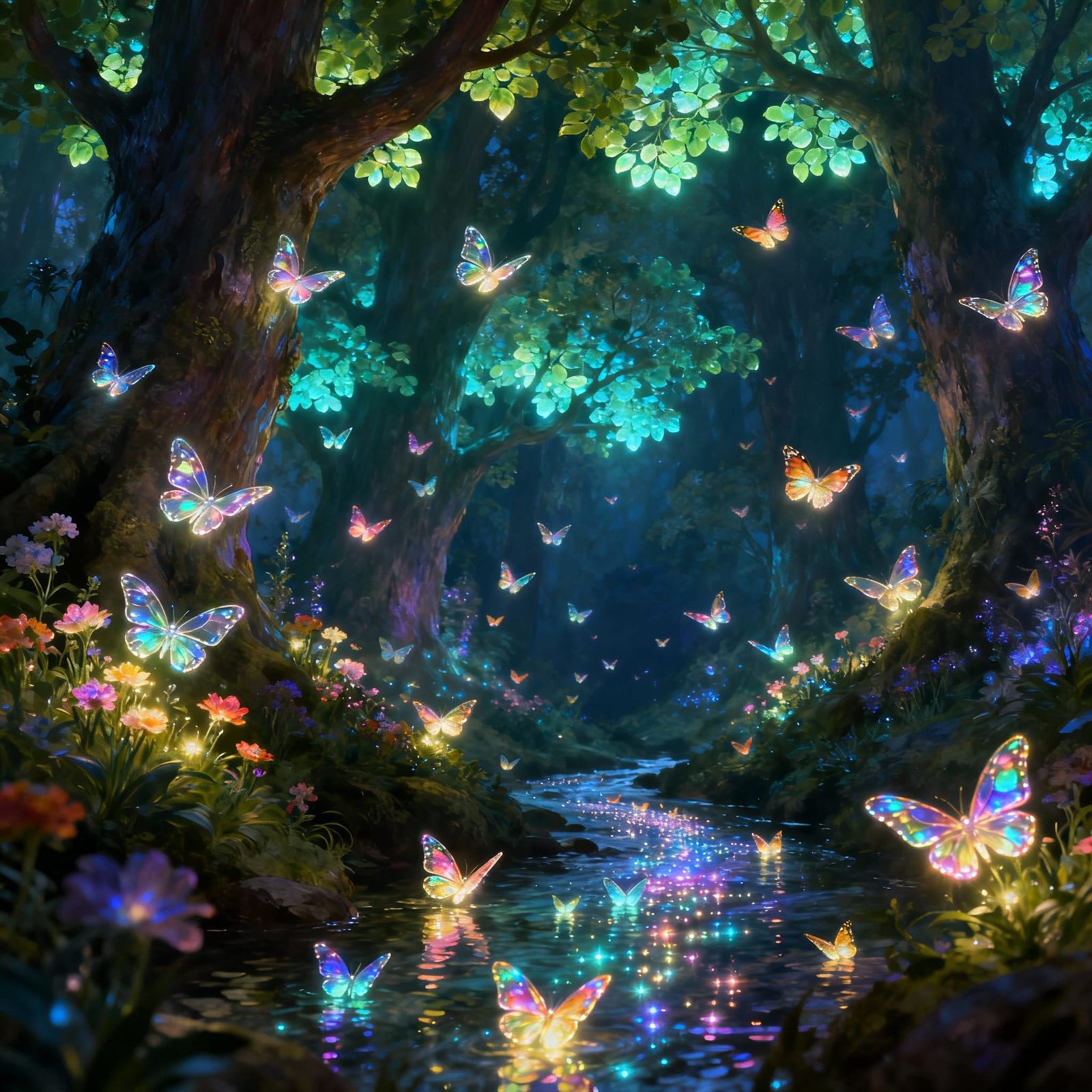 Enchanted Forest with Glowing Butterflies and Phosphorescent...