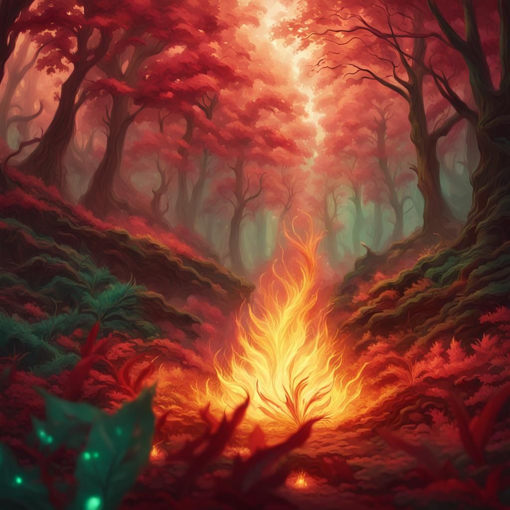 Enchanted Forest: Fire Leaves Fantasy Concept Art