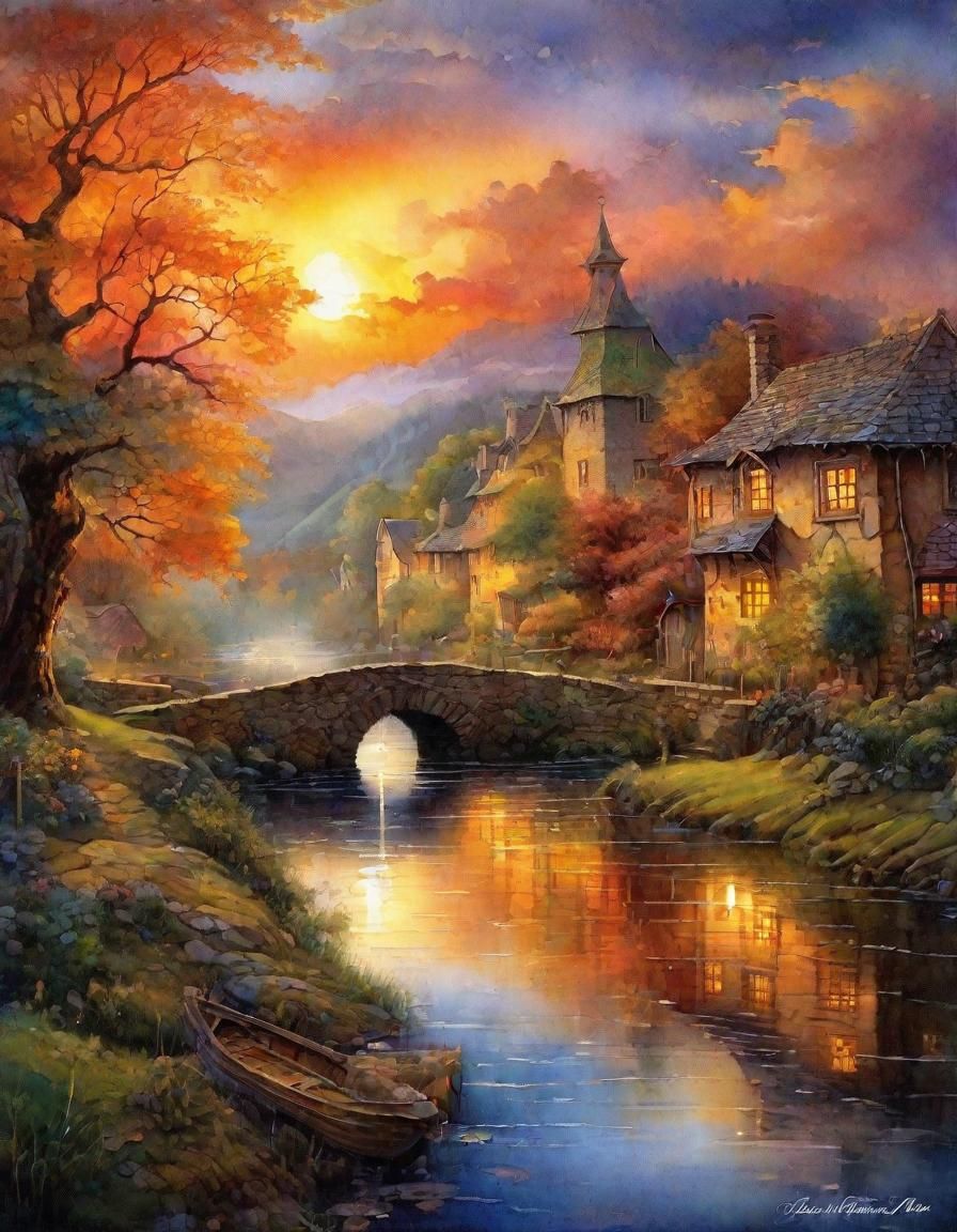 Watercolor Village Sunrise in Patchwork Landscape Style