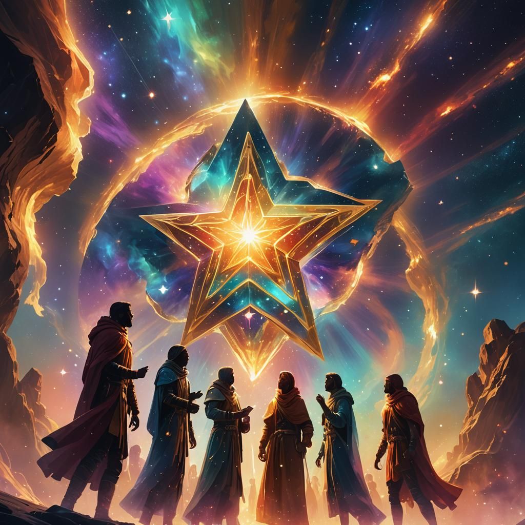 Figures Holding Star Fragment in Cosmic Concept Art