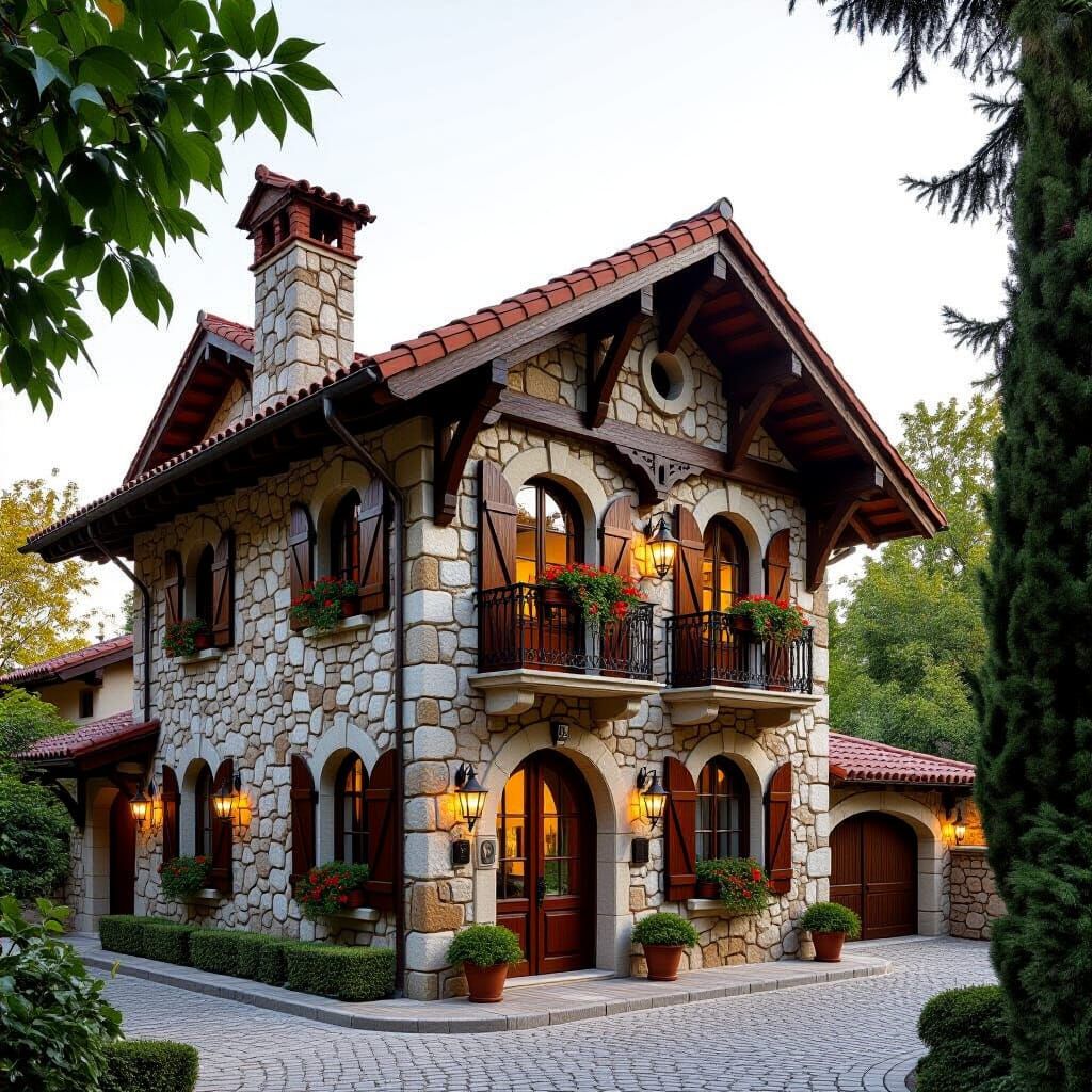 Medieval Stone House With Arched Windows and Red Tile Roof