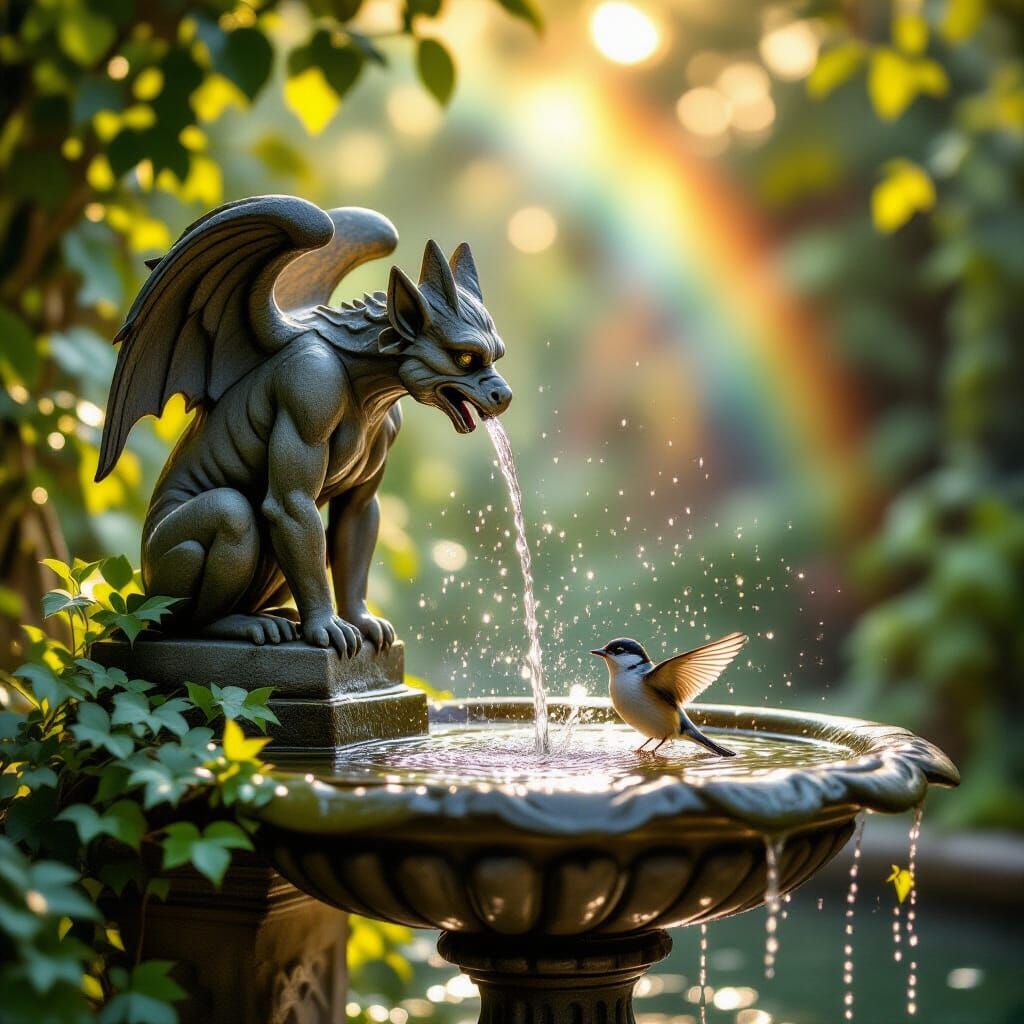 Gargoyle Fountain Birdbath in Golden Hour Light
