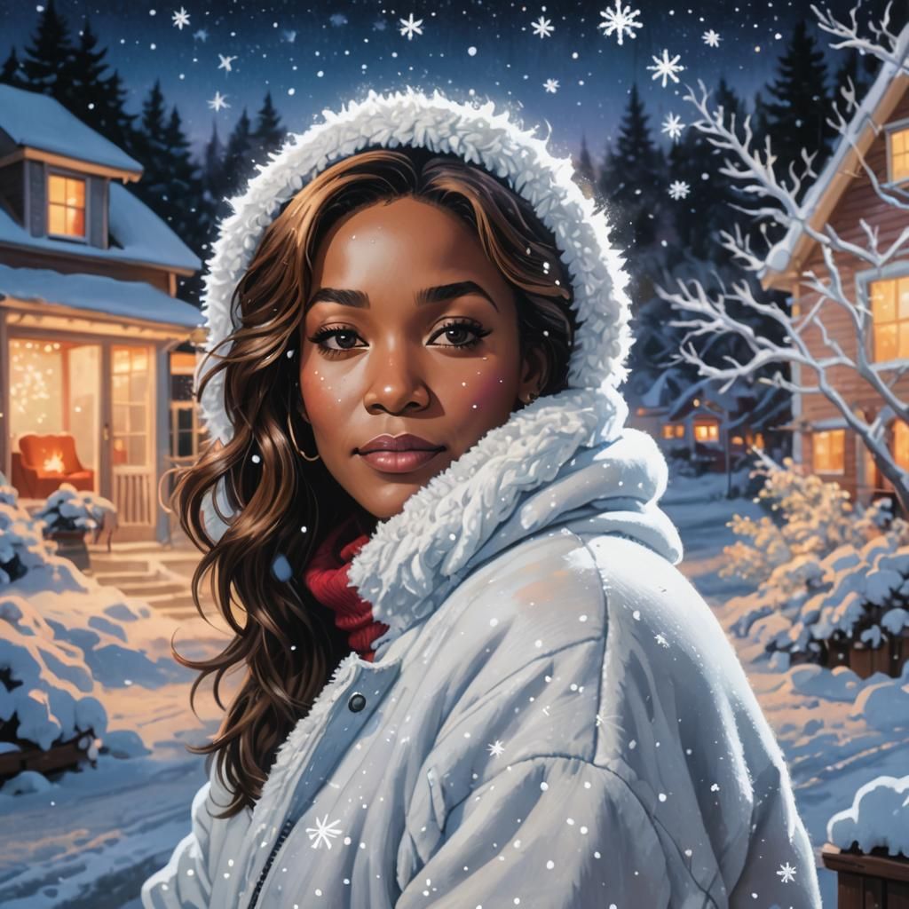 Cozy Woman Gazing at Winter Wonderland in Splash Art