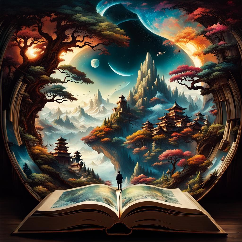 Fantasy World Emerges from Book: Detailed Digital Art