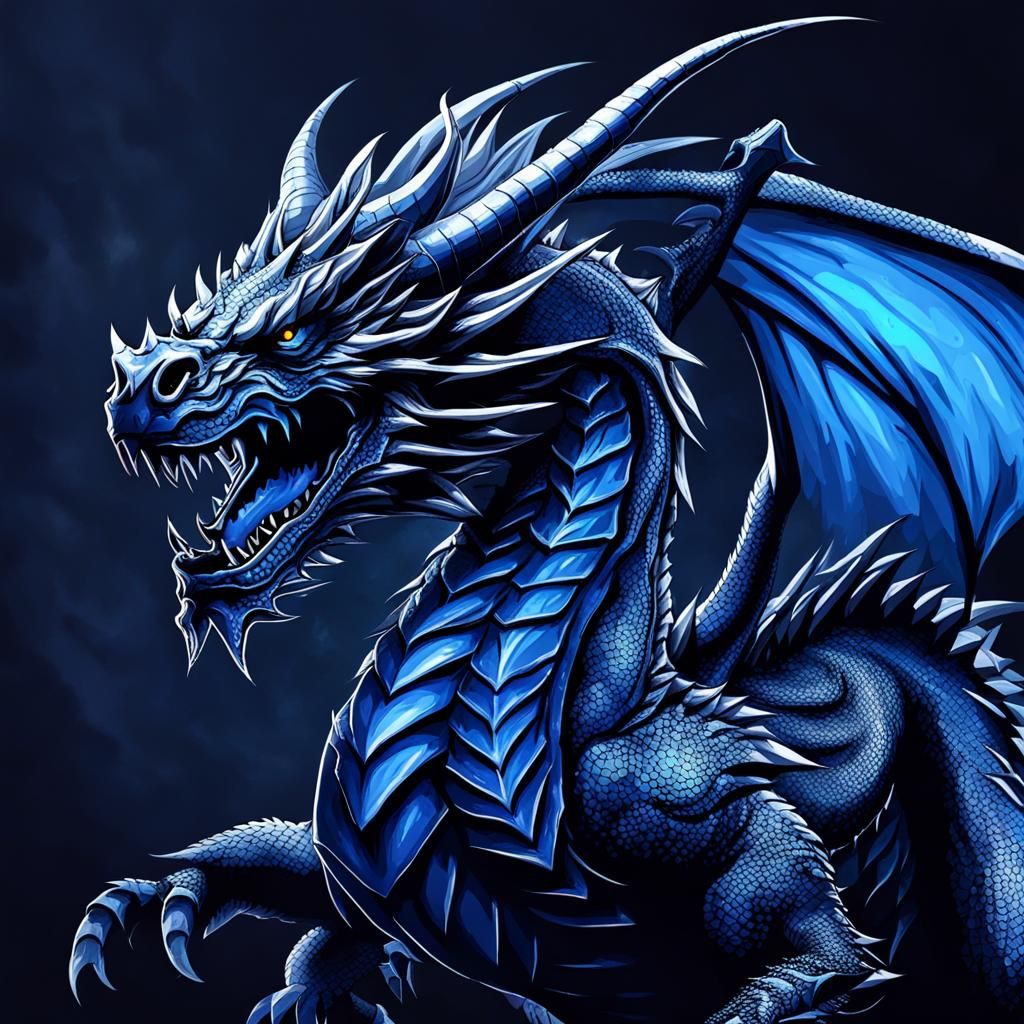 Menacing Blue Dragon on Dark Background