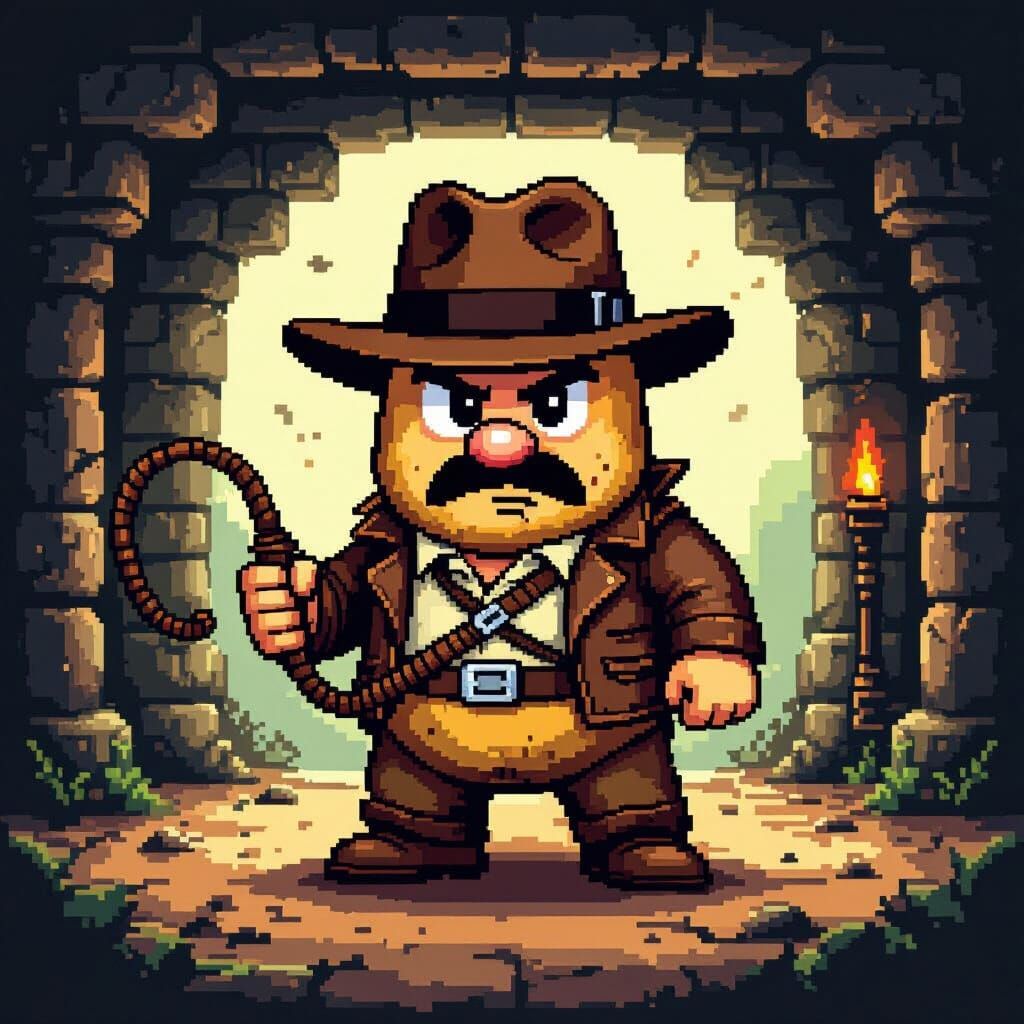 Pixel Art Potato Indiana Jones in 8-Bit Temple