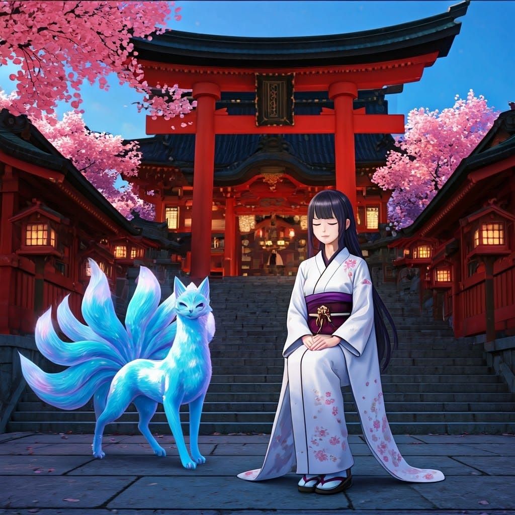 Serene Japanese Woman Contemplates with Playful Kitsune in T...