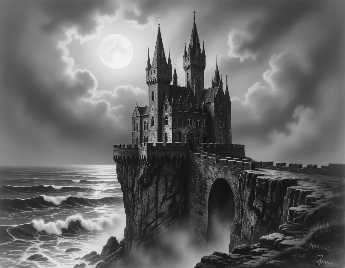 Gothic Castle on Cliff Edge in Stormy Moonlight