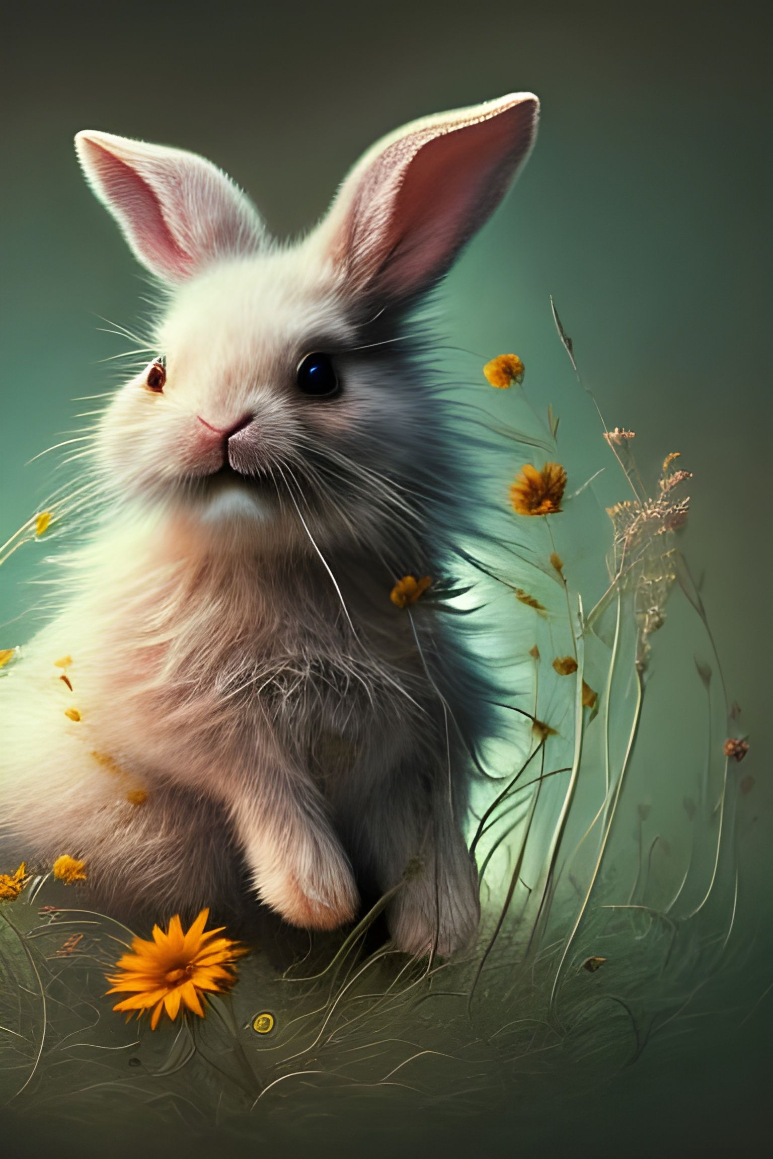 Adorable Bunny Portrait with Rainbow Filigree