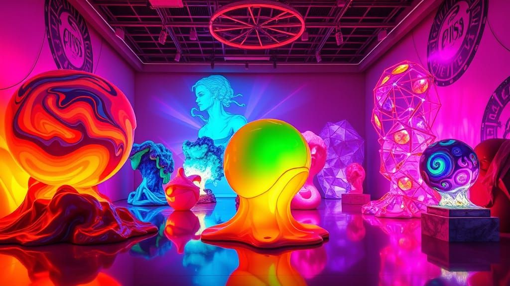 Transcendent Sculpture Gallery in Vibrant Neon and Geometric...