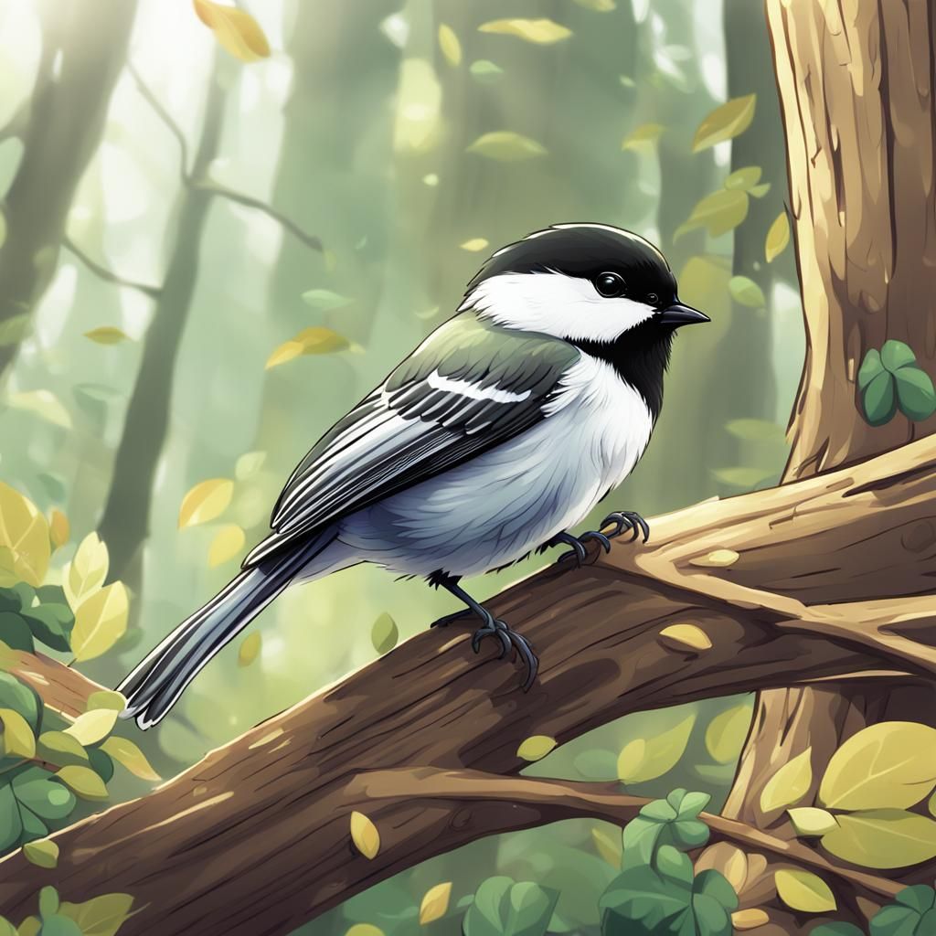 Chickadee Bird in Anime Style on Forest Branch