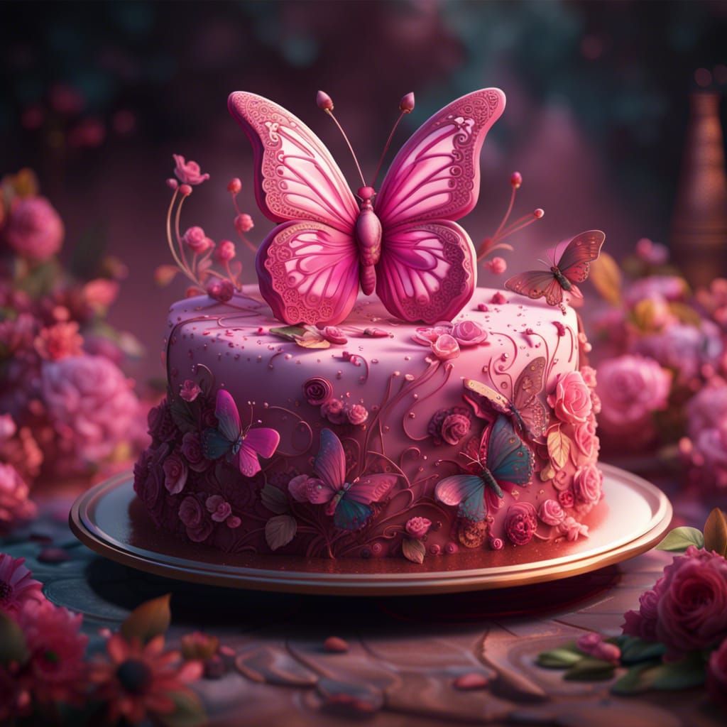 Pink Butterfly Wedding Cake in Detailed Matte Painting