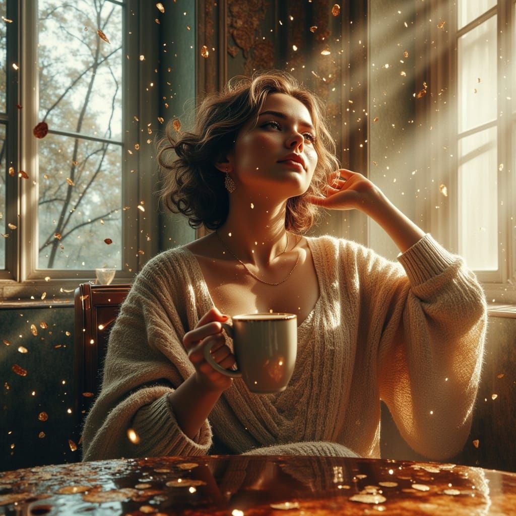 Zero Gravity Woman Enjoys Coffee in Dreamlike Bedroom