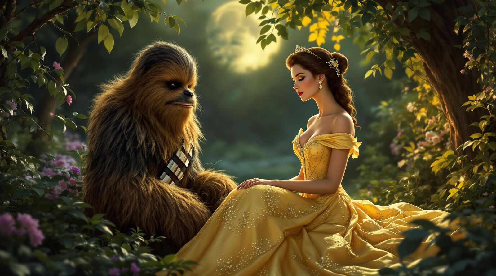 Surrealistic Portrait of Princess Belle with Wookiee Compani...