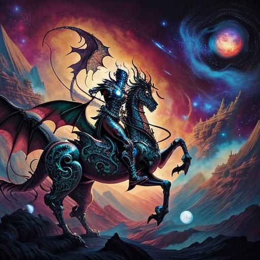 Cosmic Knight Riding Dragon in Psychedelic Art
