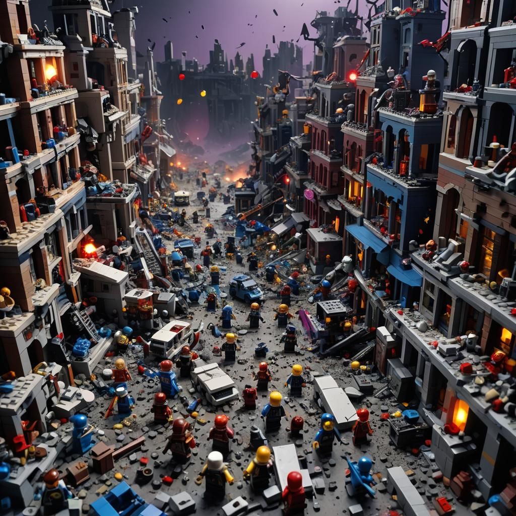 Dystopian Lego Cityscape in Eldritch Horror Style