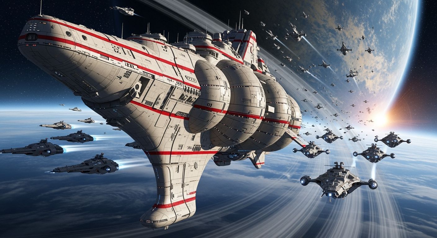 Futuristic Dreadnought Leads Fleet Through Vibrant Solar Sys...