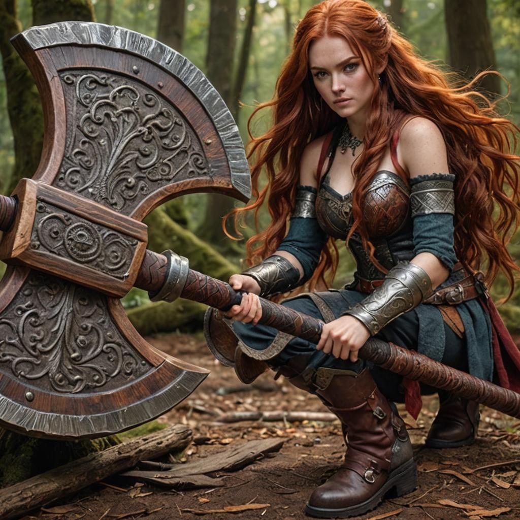 22 year old girl, long red hair, large axe in hand