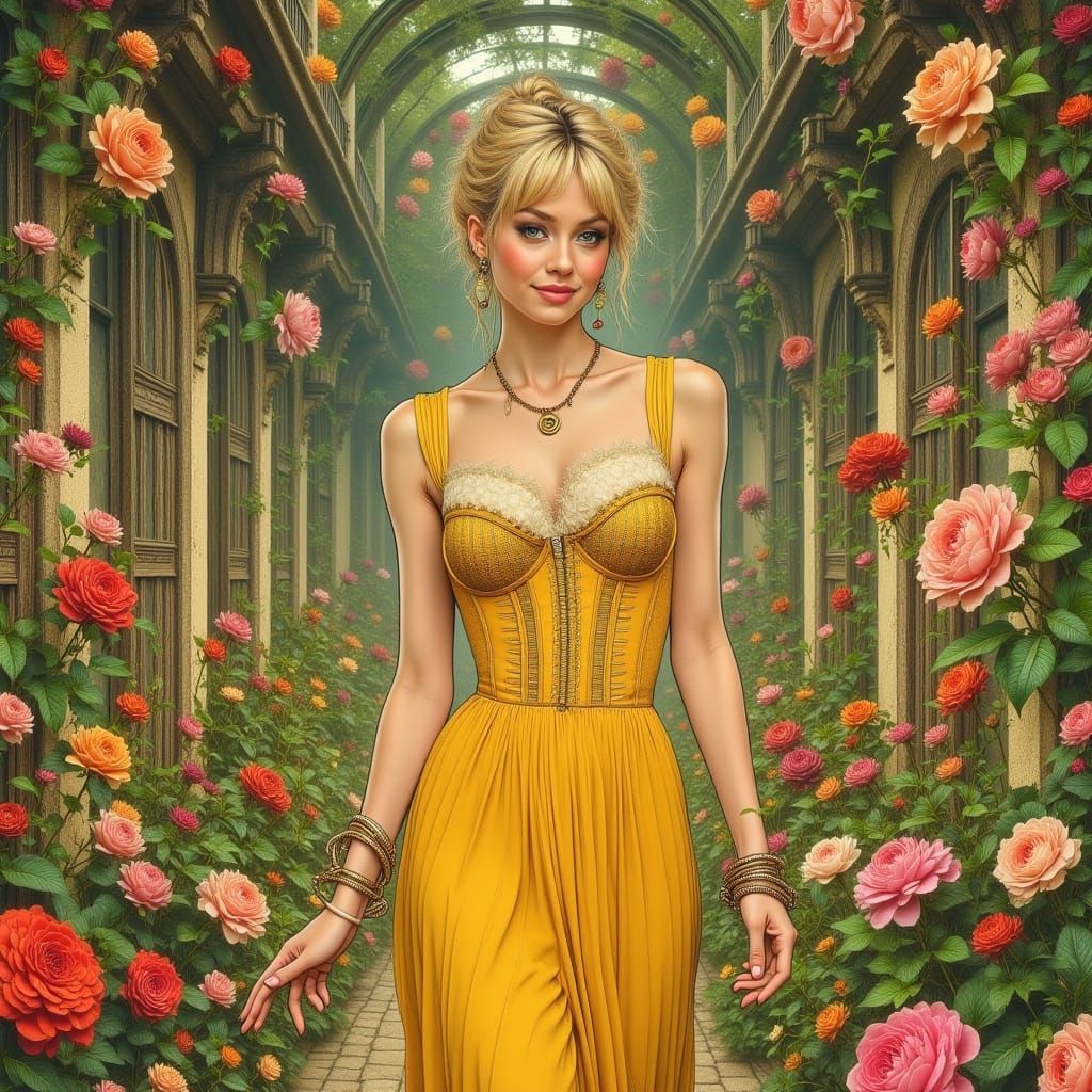 Elegant Woman in Floral Garden, Art Nouveau Style