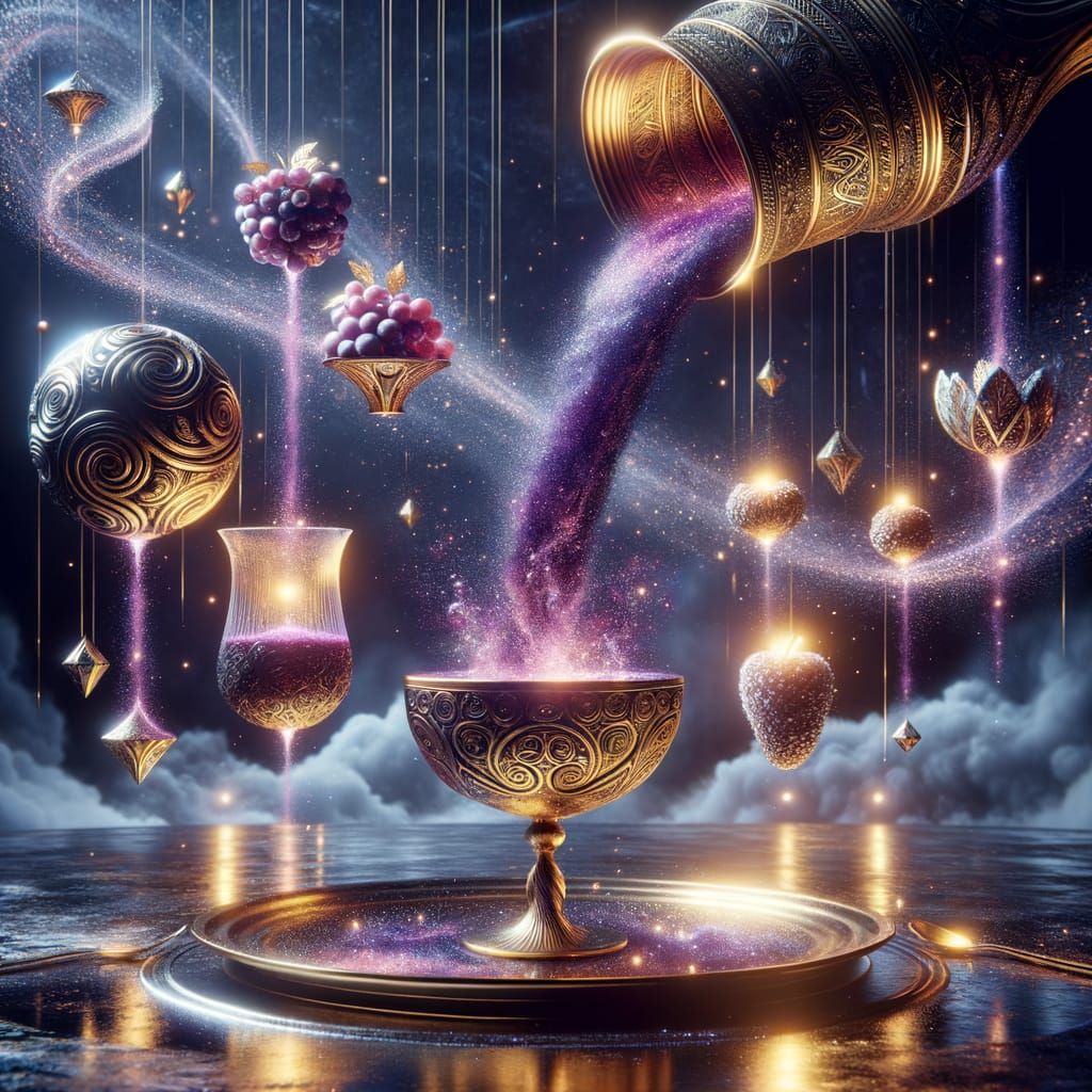 Golden Chalice Waterfall Pours Stardust Elixir Into Floating...