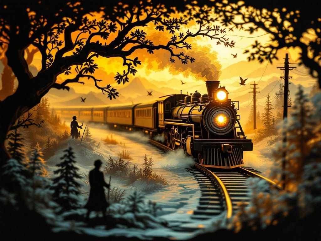 Intricate Grisaille Train Shadowbox Diorama