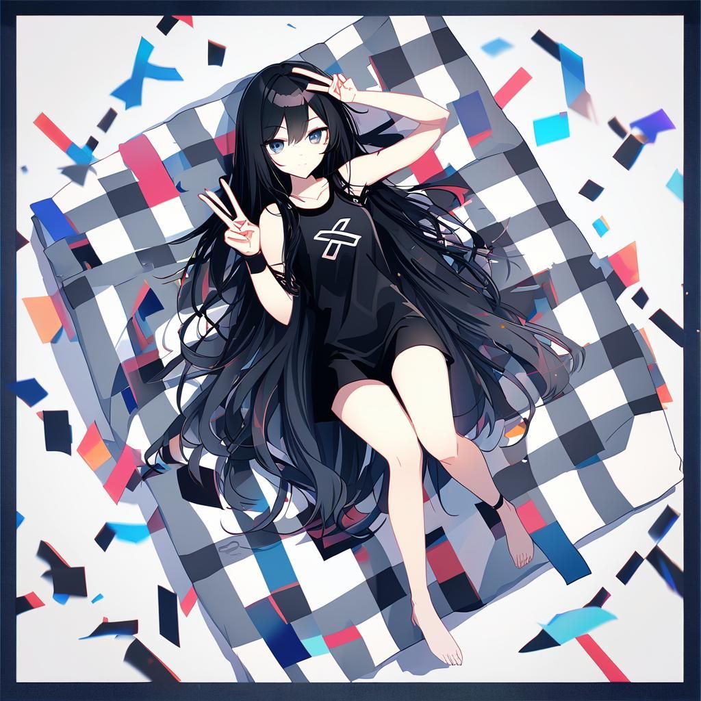 Attractive Woman with Long Black Hair on Bed