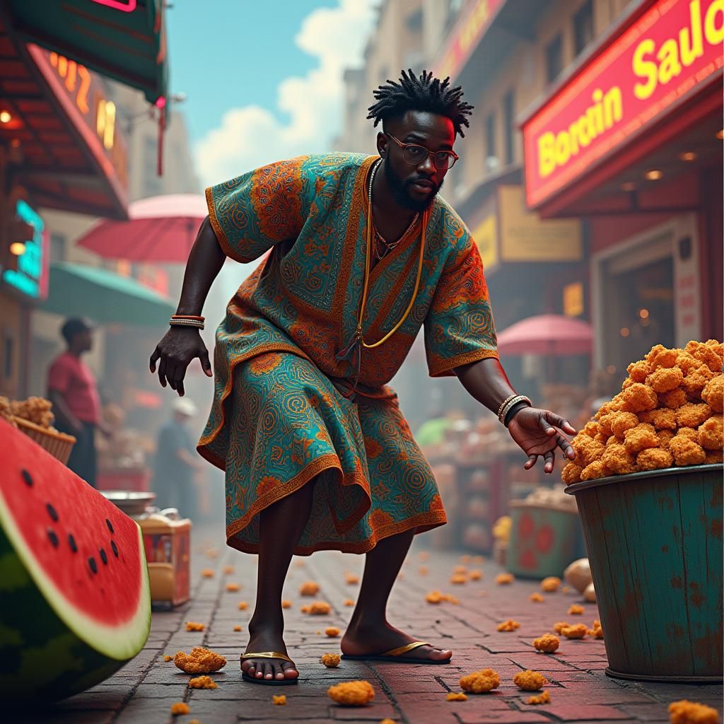 Surreal Food Market Theft in Hyper-Realistic Style
