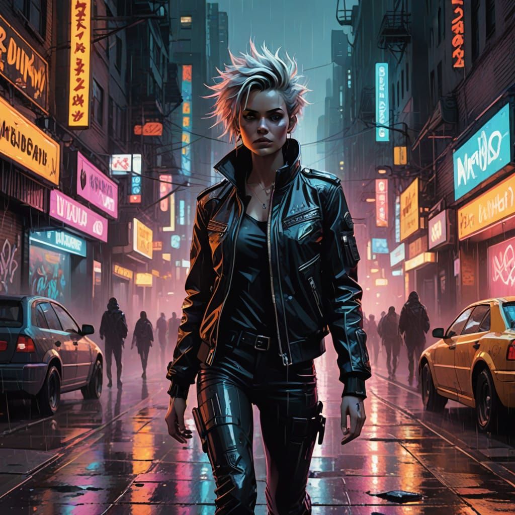 Cyberpunk God of Rebellion in Rainy Urban Jungle
