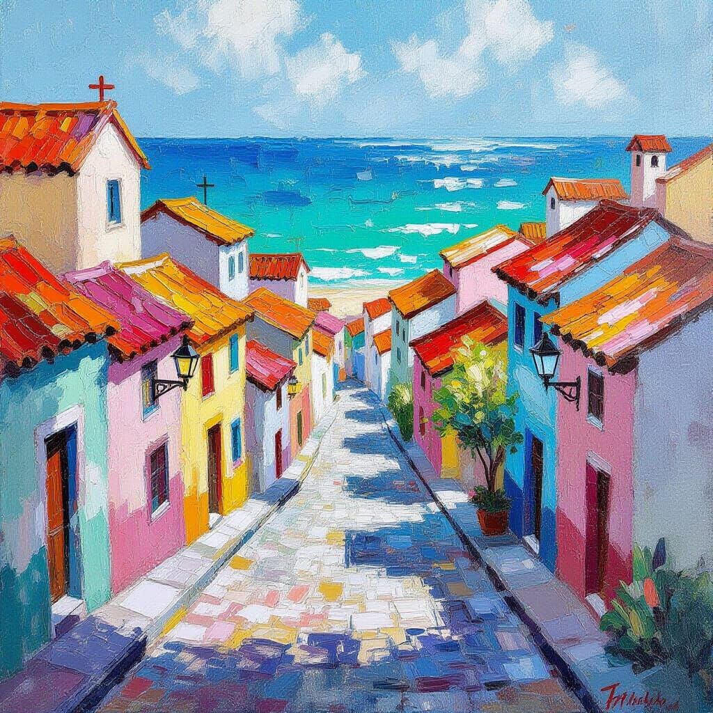 Tropical Cobblestone Street: Impasto Oil Painting